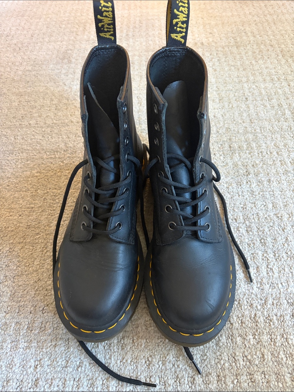 Dr. Martens Black Leather 8-Eye Lace-Up Boots with Yellow Stitching